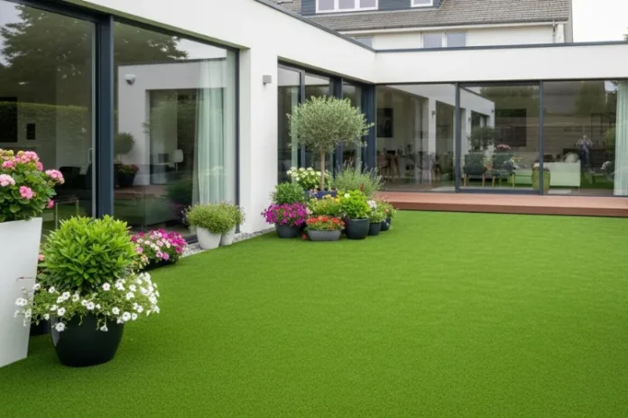 A lush artificial turf lawn in a modern backyard.