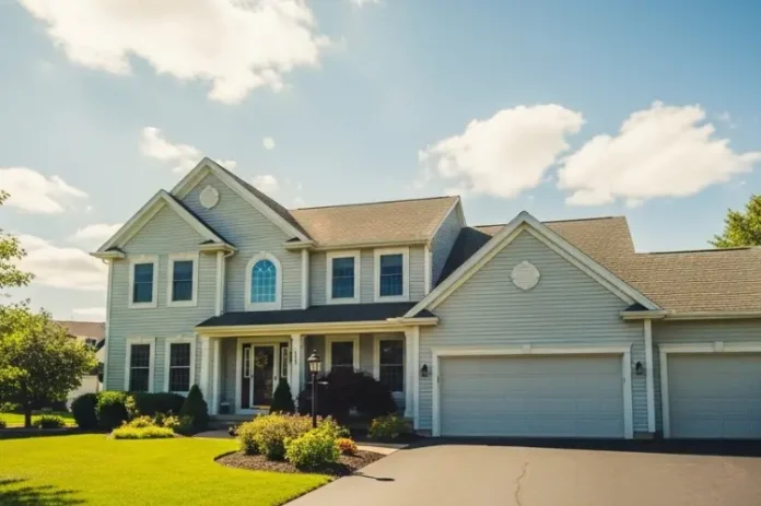 A suburban home under a bright summer sun with heatwaves.