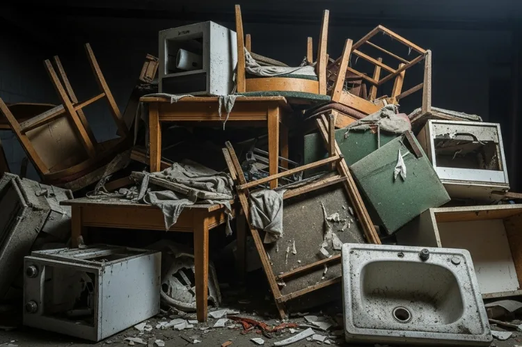 Pile of old furniture broken appliances.