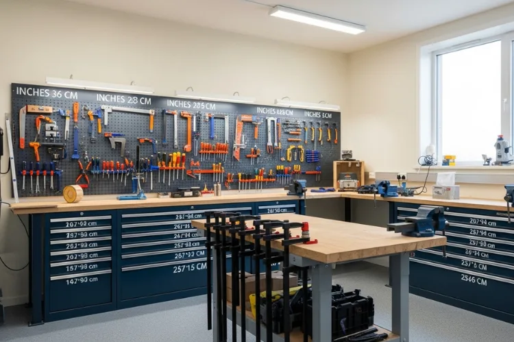 A tidy, well-lit workshop with tools labeled for inches and centimeters.