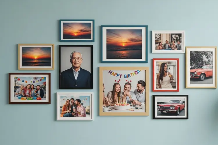 A gallery wall combining framed photos.