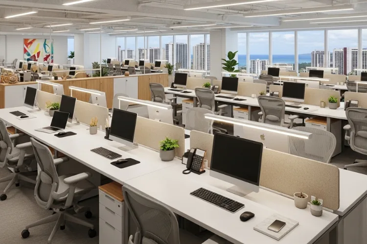 An open-concept office space in Honolulu, desks neatly organized.