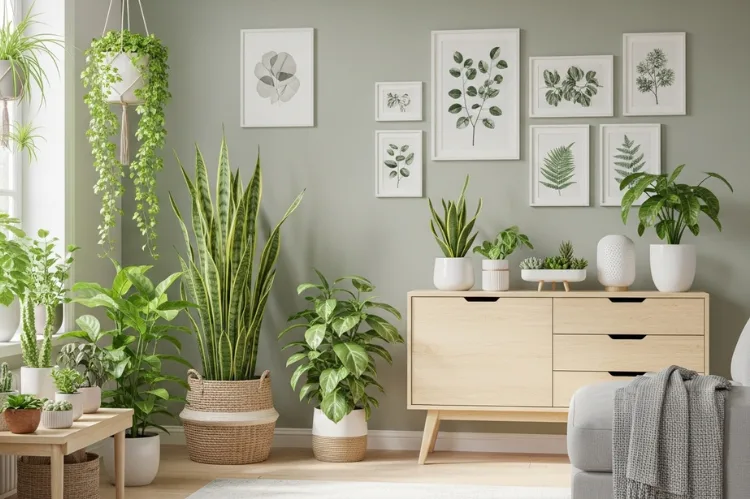 A beautifully styled living space with houseplants of various sizes.
