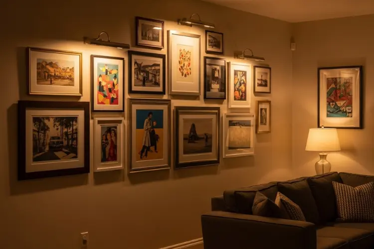Gallery wall under warm picture lights showing frames softly glowing in the evening.