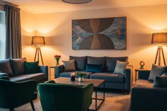 A cozy, stylish living room with warm lighting, plush furniture.