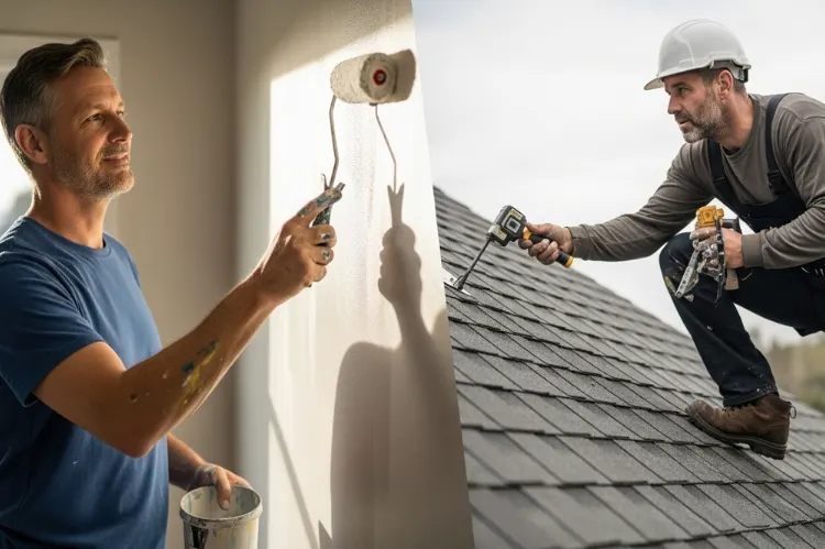 a homeowner painting a wall, and a professional roofer inspecting shingles.