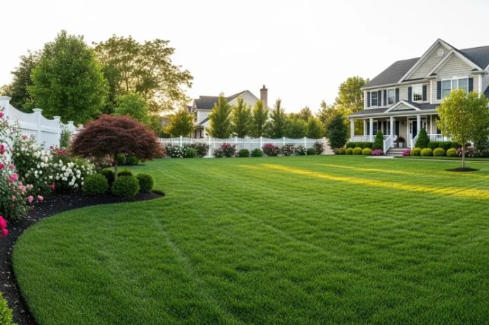 A beautifully maintained suburban lawn with rich green grass.