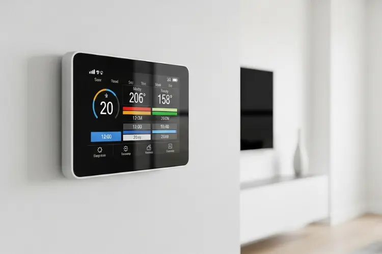 a modern smart thermostat on a wall showing scheduled temperature.