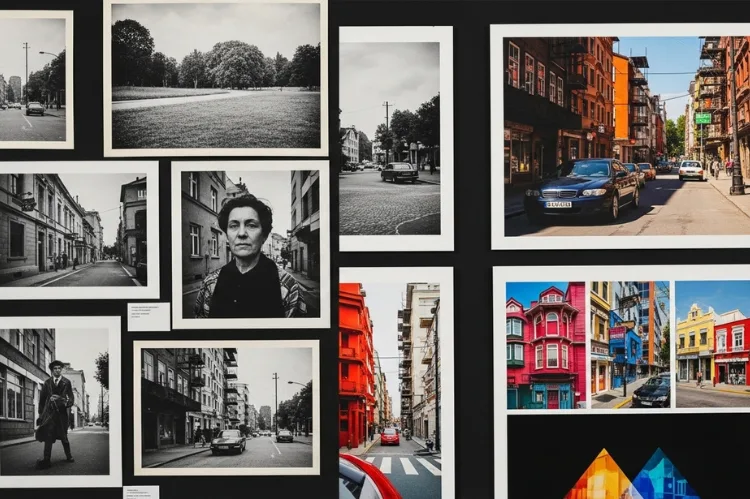 A mix of vintage black-and-white photos and modern color prints.