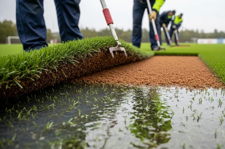 Rainwater pooling on synthetic turf, with tools lifting turf and exposing infill.