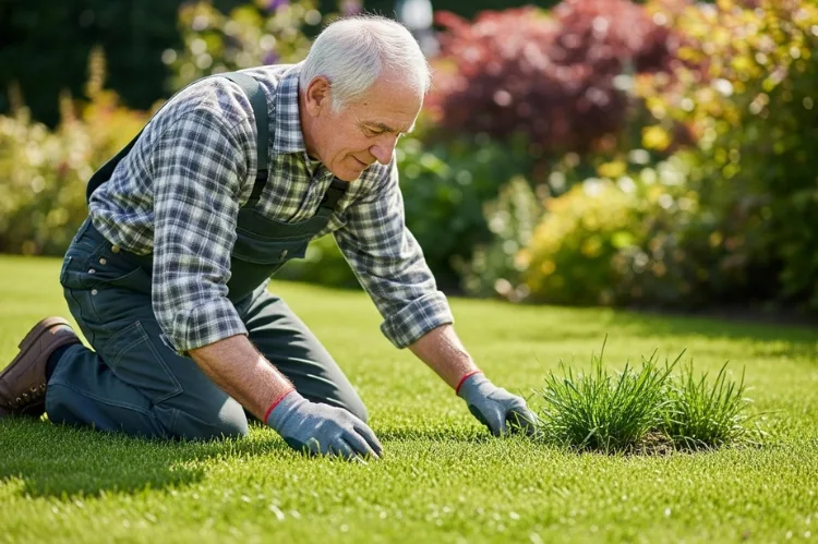 A gardener inspecting a lawn for weeds and pests.