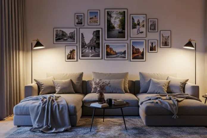 Photo Gallery Wall Inspiration That Tells Your Story A cozy modern living room featuring a stylish photo gallery wall.