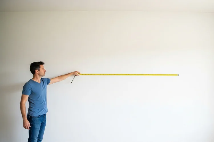 A person standing in front of a large empty wall with measuring tape.