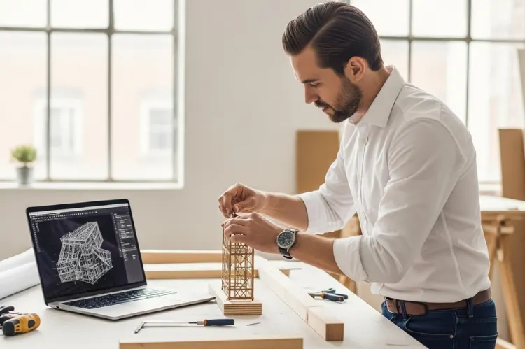 A man confidently building a project with a laptop showing a digital design program.