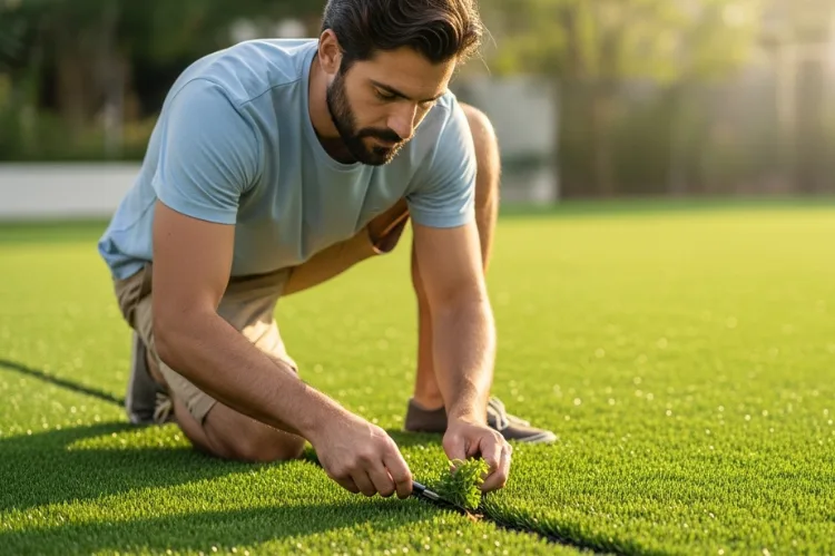 A man pulling small weeds along the edge of synthetic turf.