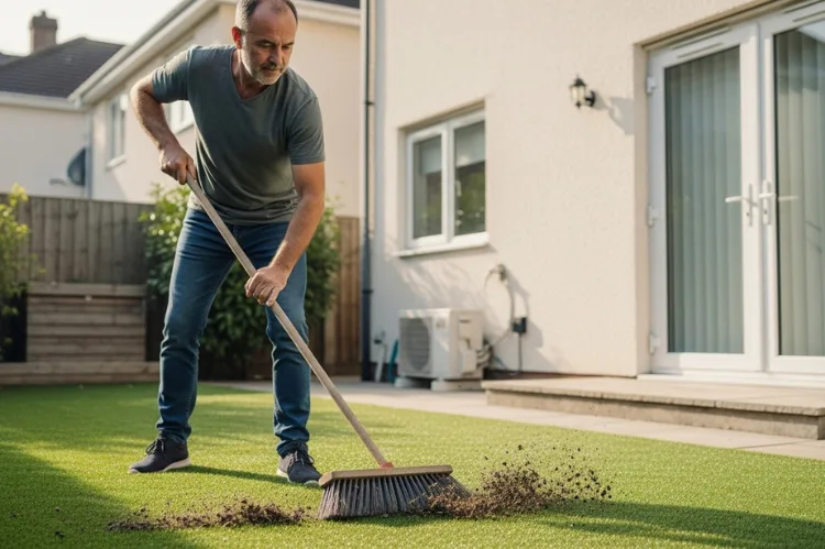 a man artificial grass being cleaned with a stiff broom.