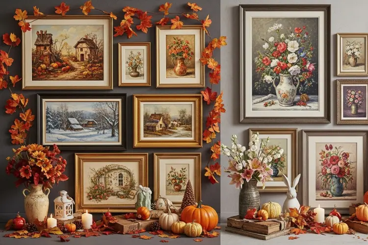 A gallery wall with seasonal props showing frame changeover and festive styling.