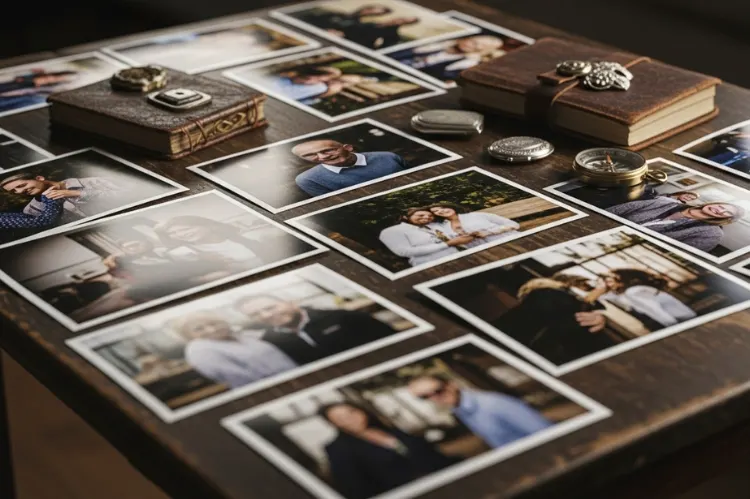 A tabletop scene with printed photos.