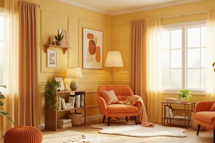 A cozy interior room with soft yellow, muted orange.