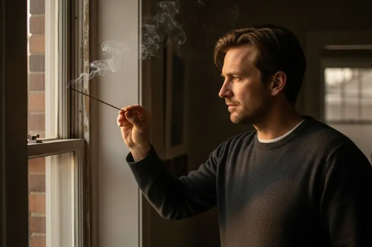 A man using an incense stick near a window frame at dusk to detect air leaks.