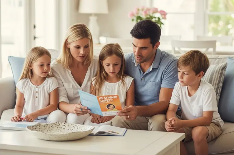 A family gathered in a cool, shaded living room reviewing a heatwave safety