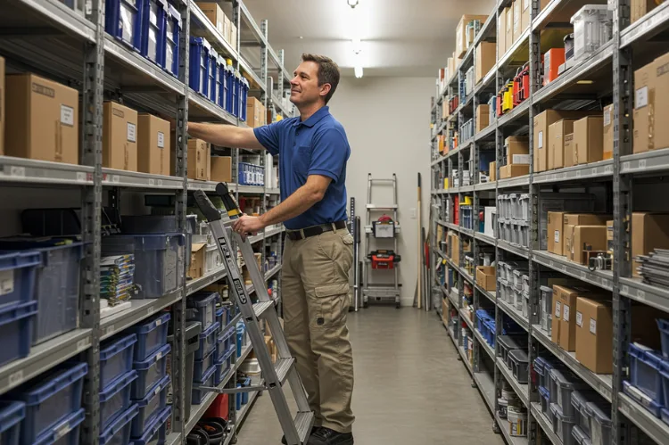 A man easily accessing stored inventory in a home warehouse.