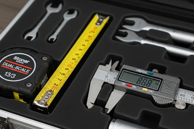 A toolkit with dual-scale tape measure, digital calipers.