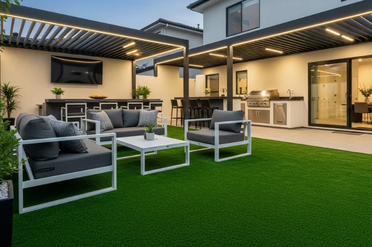 A stylish backyard with vibrant synthetic grass.
