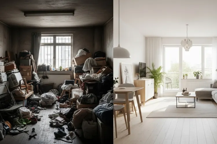 modern living room scene befor and after rubbish removal.