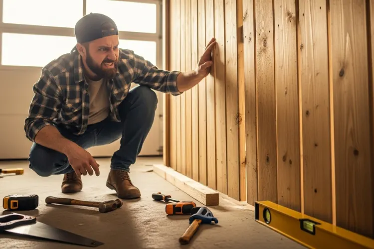 A frustrated DIYer looking at misaligned wooden boards due to mismeasurement.
