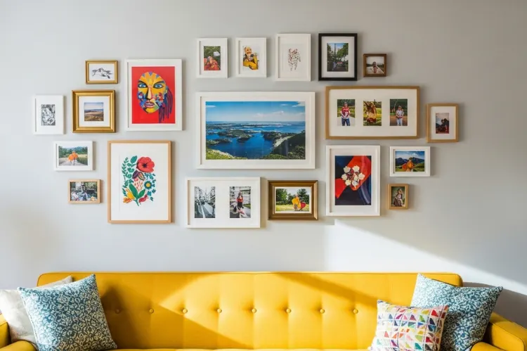 A gallery wall above a colorful sofa, with frames arranged.