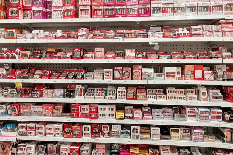 Beauty aisle at a retail store with neatly arranged shelves of press-on nail sets.