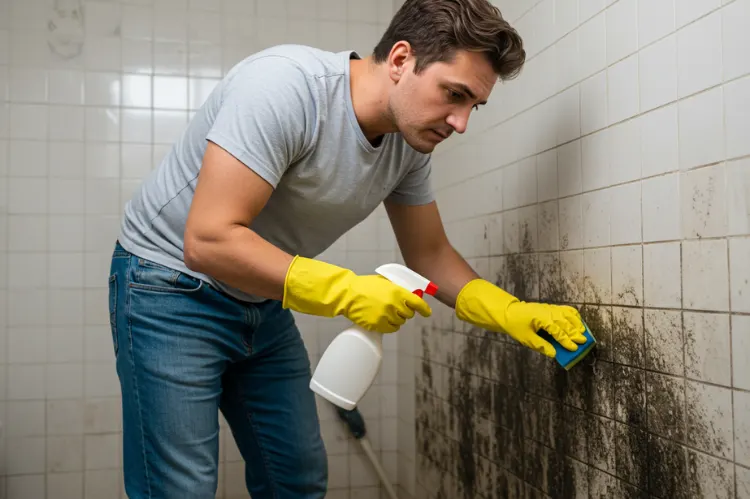 A man cleaning bathroom tiles with gloves and spray bottle.