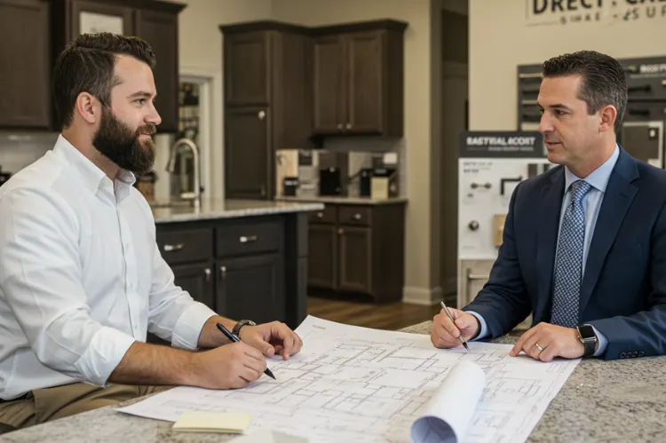 A professional meeting between a contractor and a supplier at a Direct Cabinet Supply office.
