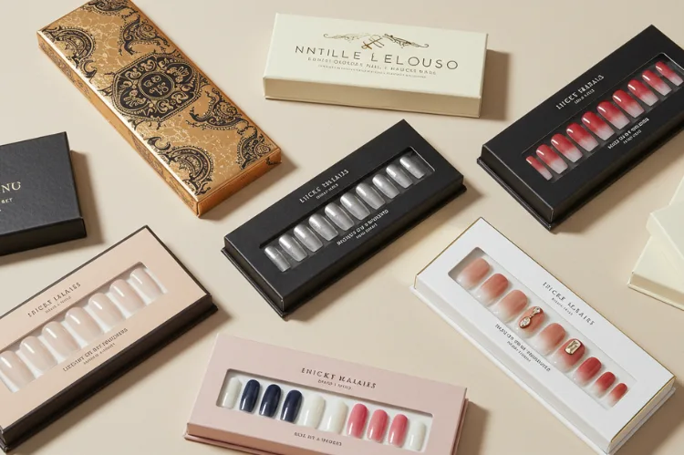 Flatlay of luxury-style press-on nail boxes from boutique brands.