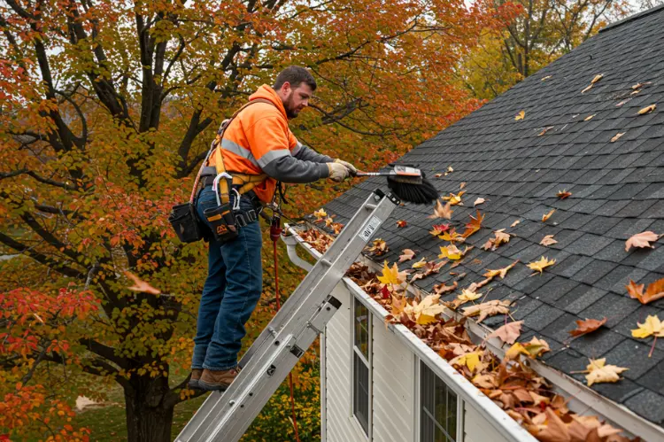 A roofer on a ladder cleaning gutters filled with autumn leaves wearing a safety harness.