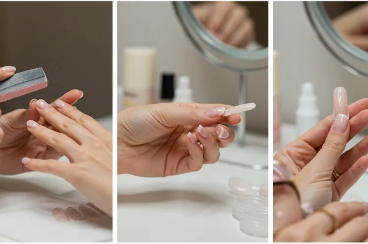 Close-up of hands applying press-on nails at a vanity — step-by-step vibe showing buffing.