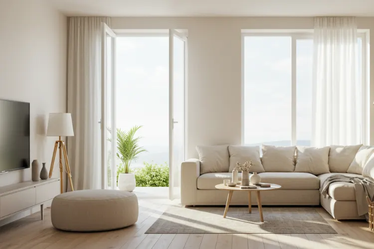 Modern living room with open windows and fresh air flow, bright natural light.