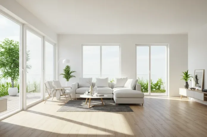 Clean modern home interior with bright sunlight, fresh air flowing through open windows.