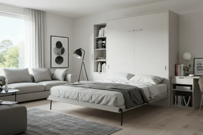 Murphy Bed Costs What You Need to Know Before Buying A modern multi-functional room with a Murphy bed halfway folded down.
