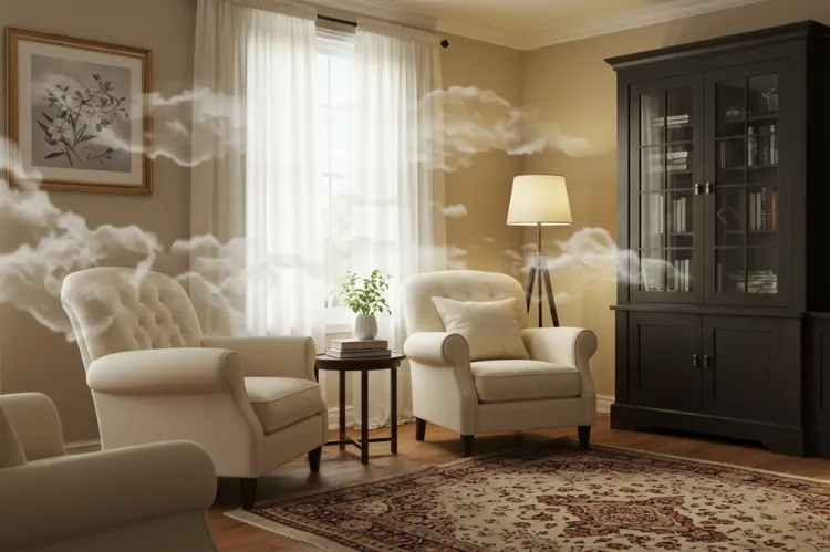 a living room with invisible odor waves shown near corners and walls.