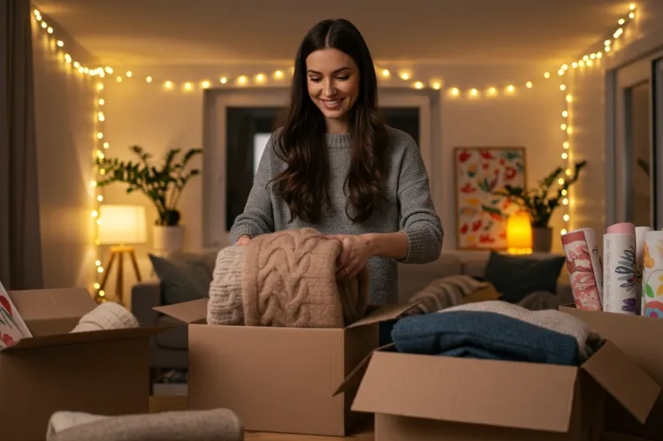 A Woman Winter coats, string lights, and decorative prints being packed into boxes.