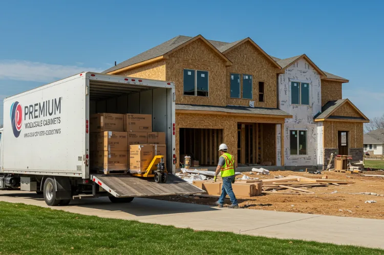 A delivery truck unloading kitchen cabinet boxes labeled 'Premium Wholesale Cabinets' at a suburban job site.