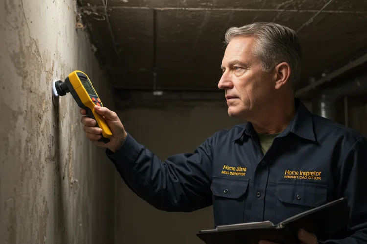 A Professional inspector checking walls with moisture detector.