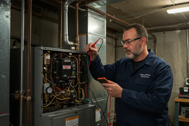 A professional HVAC technician checking a furnace in a basement.