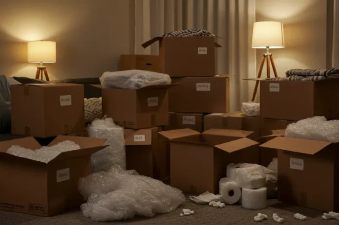 Moving Day Packing Tips for a Smoother Home Transition A cozy, cluttered living room filled with moving boxes, bubble wrap, and labeled cartons.