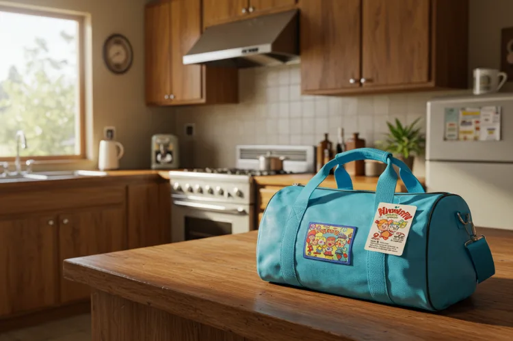 A small, brightly labeled box or duffel bag placed on a kitchen counter.