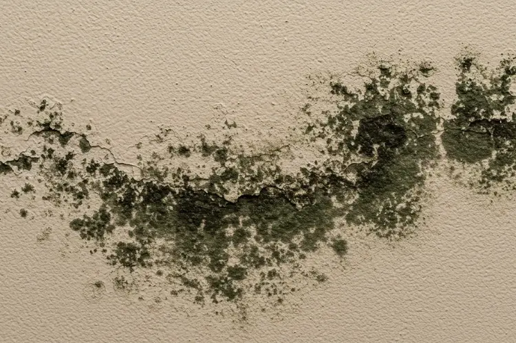 Close-up of wall surface with black and green mold patches spreading on paint.