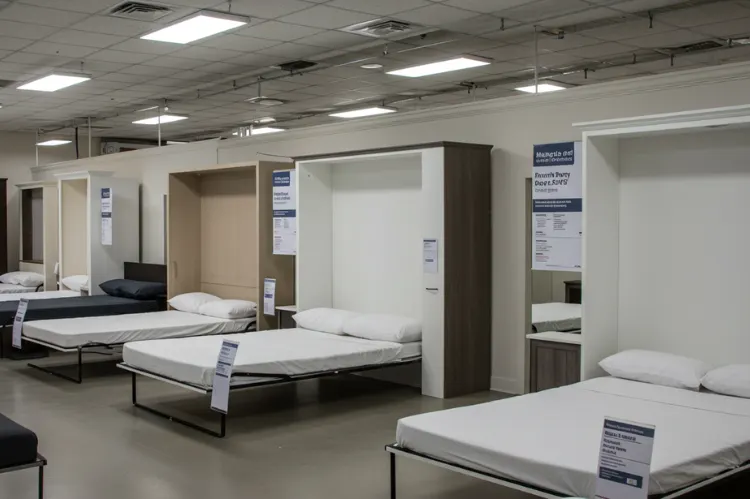 A Murphy bed showroom with labeled tags showing different factors.