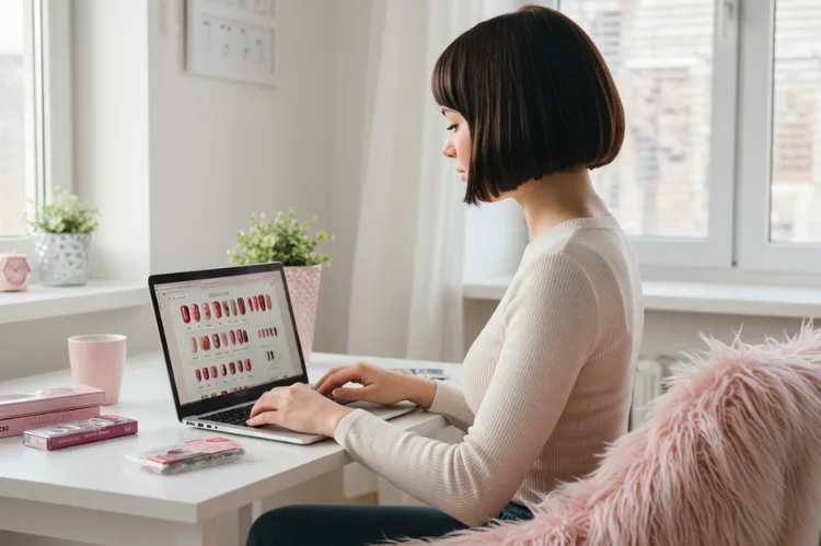 Modern beauty shopping scene showing a woman browsing press-on nails online on a laptop.